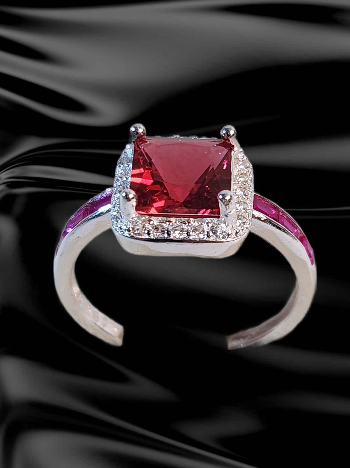 Elegant Ruby AAA CZ Ring With Halo 7mm Sterling Silver Ladies Size 6.75
