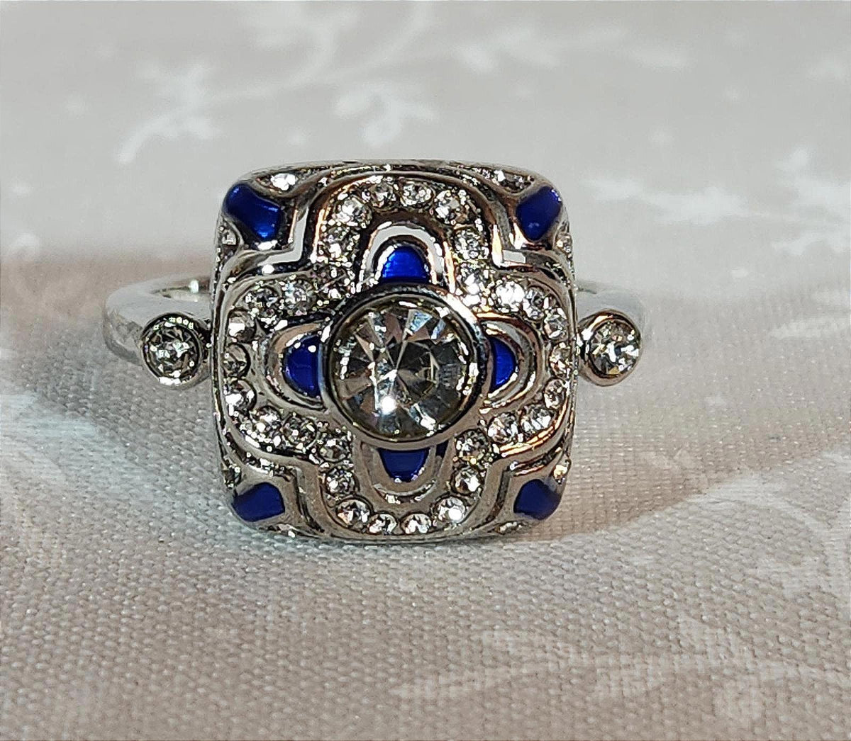 Beautiful Art Deco-Style Silver-Tone Blue/Clear Stones, Square, Fashion - Sz. 8