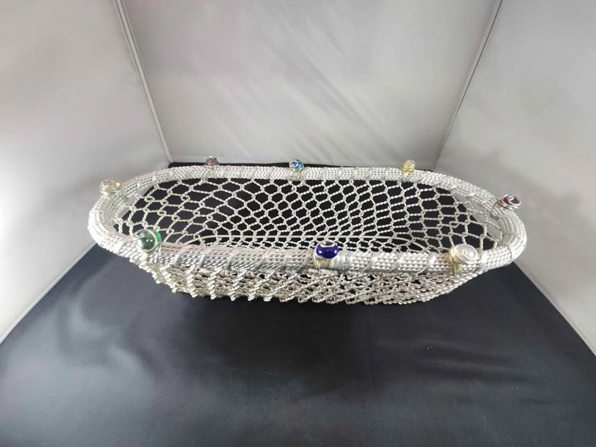 Fabulous Dary Rees Original Woven Wire and Glass Gems Basket Long Oval