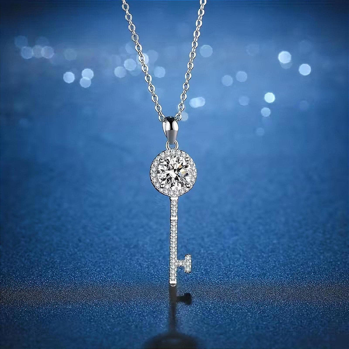 Radiant Moissanite Key Necklace 1 ct. Sterling Plated Pave Accents Ladies 16 in.