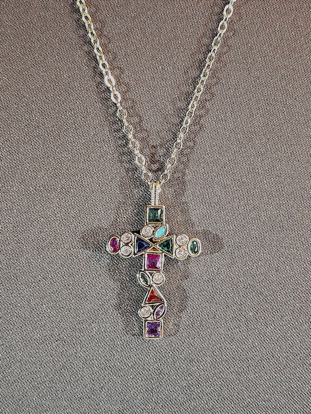 Multicolor Boho Crystal/CZ Cross Pendant, Women's 16 in. with Extender