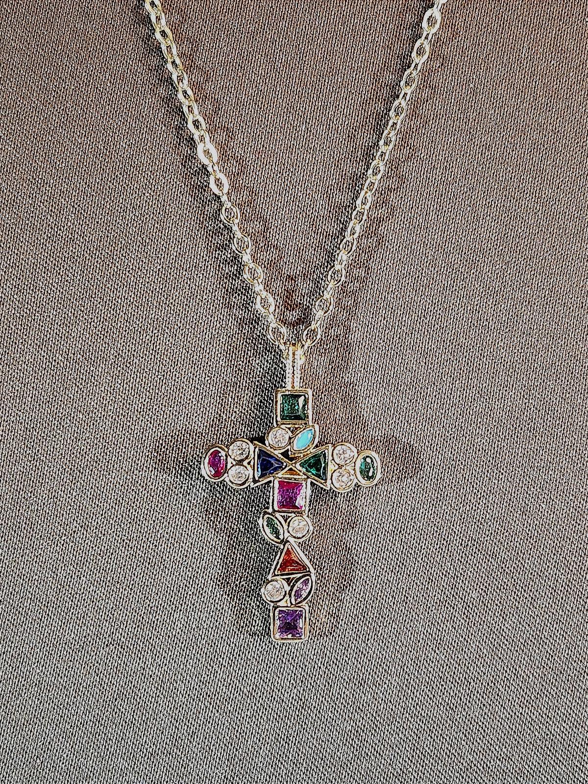 Multicolor Boho Crystal/CZ Cross Pendant, Women's 16 in. with Extender