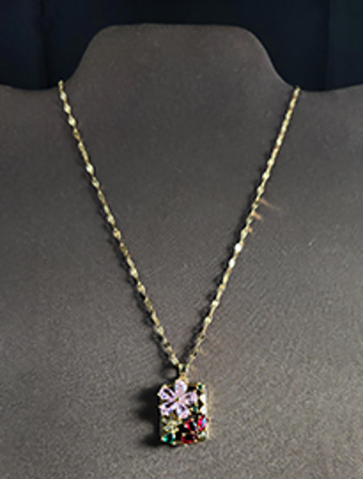 Floral Pendant Crystal Necklace, 16 in, Red, Pink, Green, Clear in Gold Tone