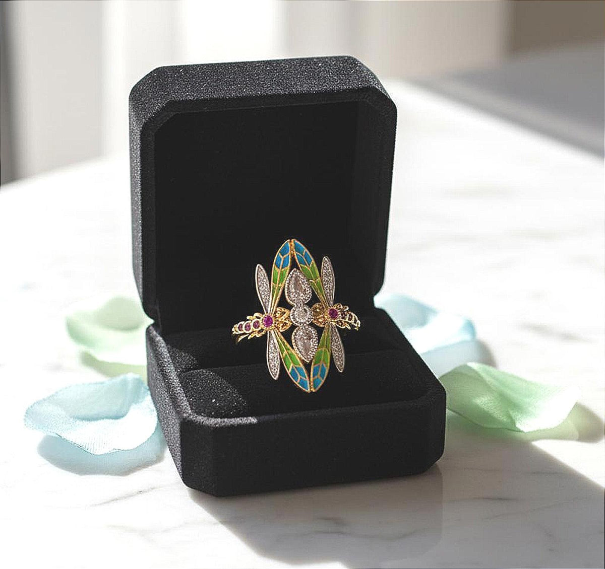 Colorful & Sparkly Dragonfly Ring, Colorful, CZ, Gold-Tone Ladies Size 6