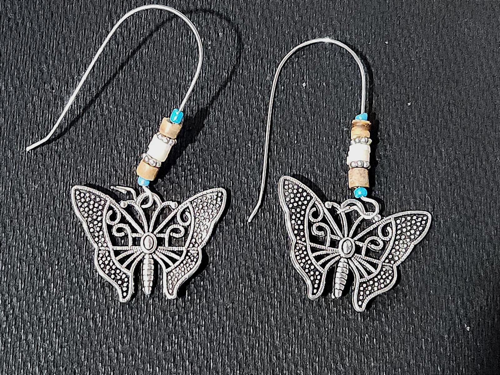 Vintage Boho Silver & Turquoise Butterfly Dangle Earrings