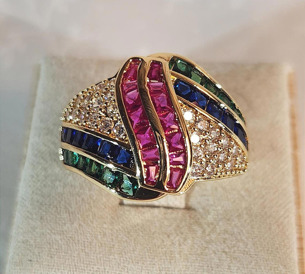 Gorgeous & Modern CZ Ring Ladies, Multicolor, Gold Tone, Roostertail Size 7