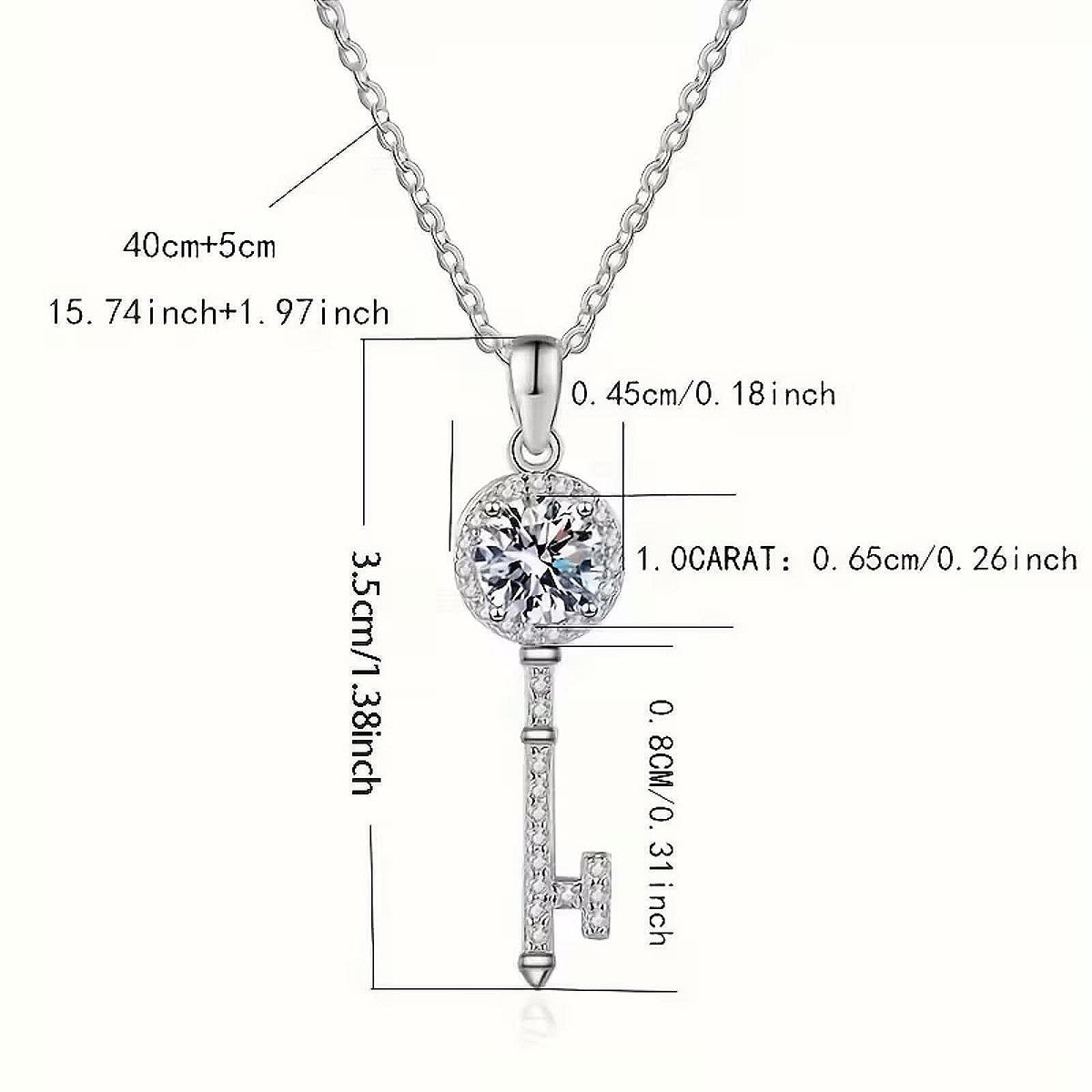 Radiant Moissanite Key Necklace 1 ct. Sterling Plated Pave Accents Ladies 16 in.