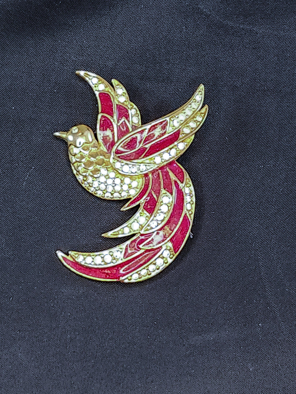 Stunning Vintage Giorgio "Bird of Paradise" Pin, Red Enamel and Crystals, Signed