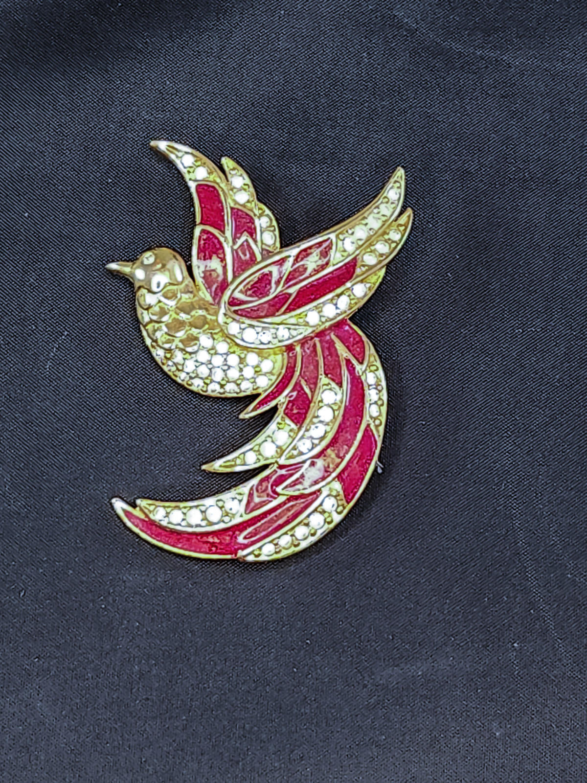 Stunning Vintage Giorgio "Bird of Paradise" Pin, Red Enamel and Crystals, Signed