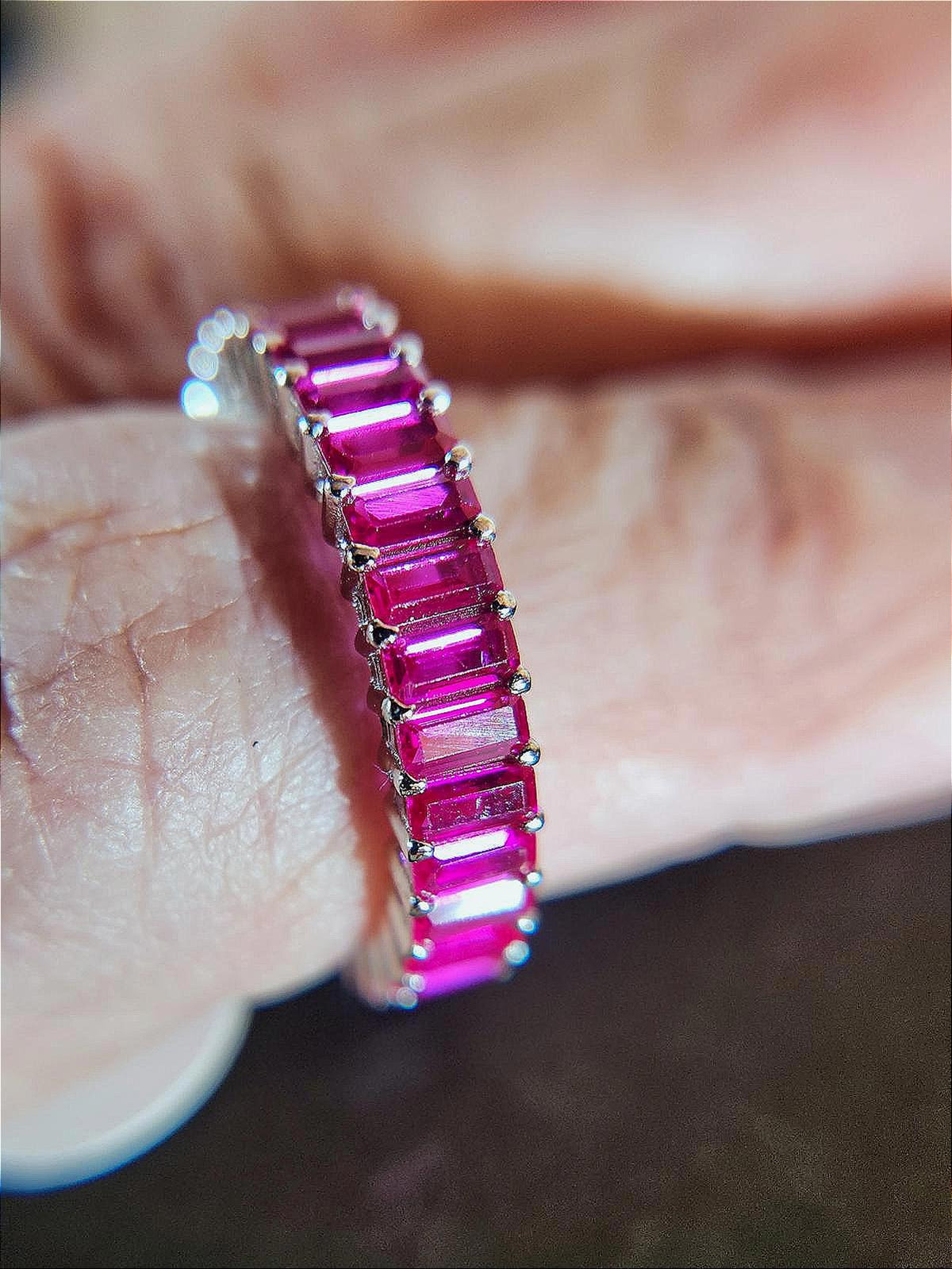 Exceptional Ruby/Sapphire Red Corundum Baguette Eternity Ring Sterling 4mm Band
