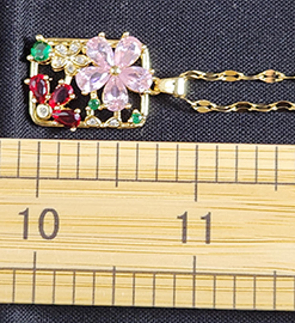 Floral Pendant Crystal Necklace, 16 in, Red, Pink, Green, Clear in Gold Tone