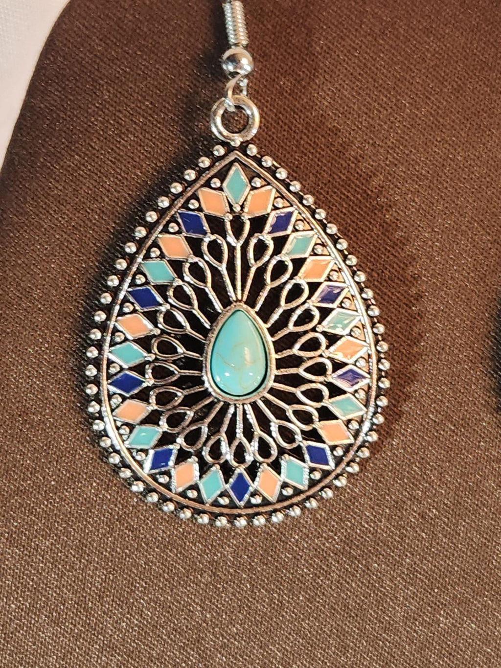 Beautiful Boho-Style Earrings, Silver Filigree-Set Simulated Turquoise & Coral