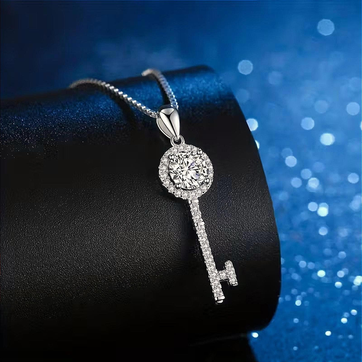 Radiant Moissanite Key Necklace 1 ct. Sterling Plated Pave Accents Ladies 16 in.