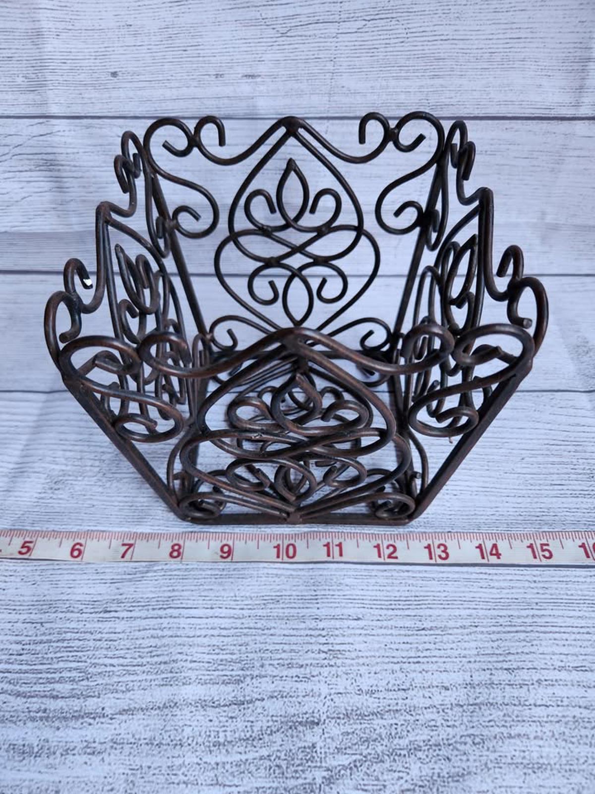 Intricate Square Wrought-Iron Basket Metal Scrolling 8 in.