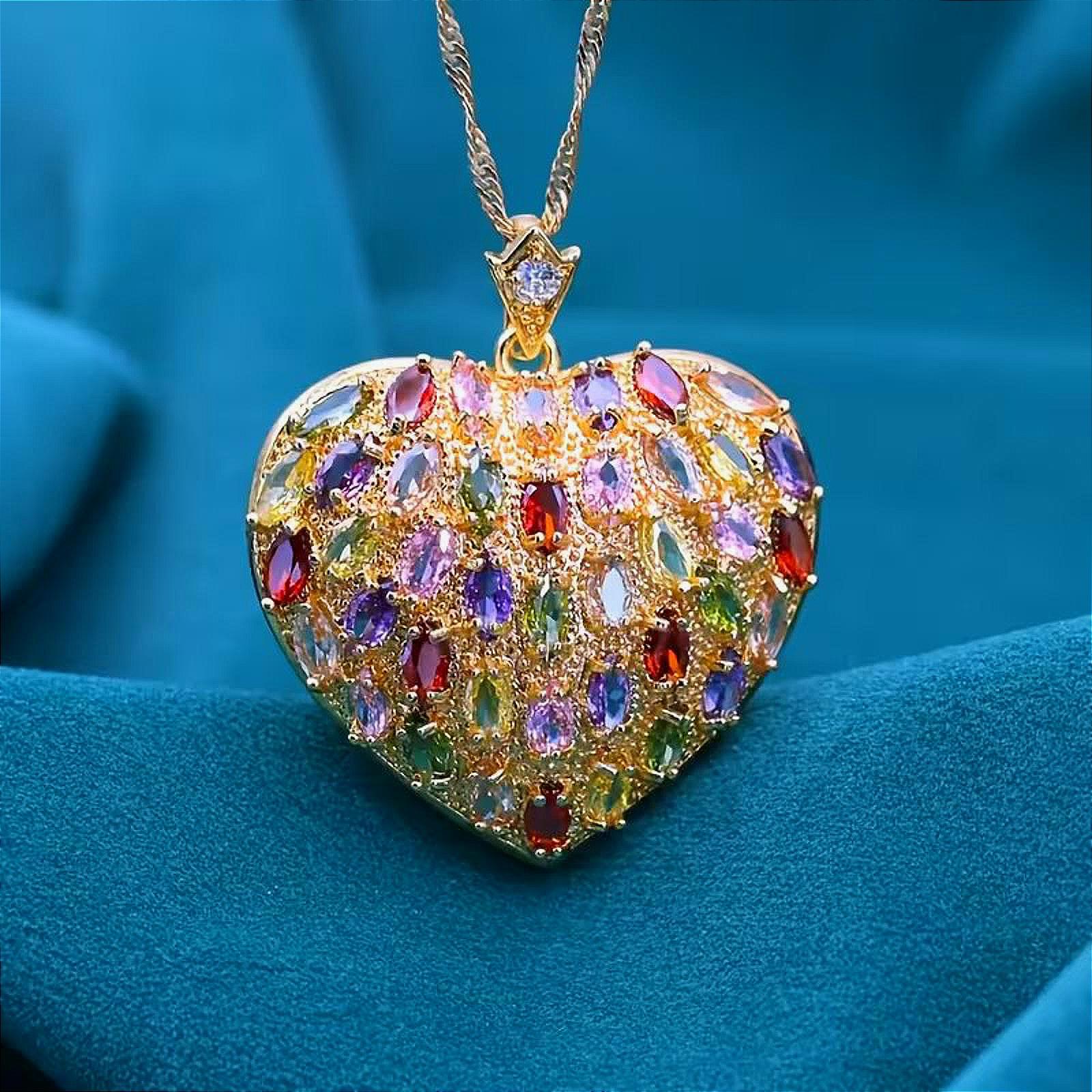Radiant Multi-Color 18K CZ Heart  Necklace - Large, Sparkling, Valentine, 18in