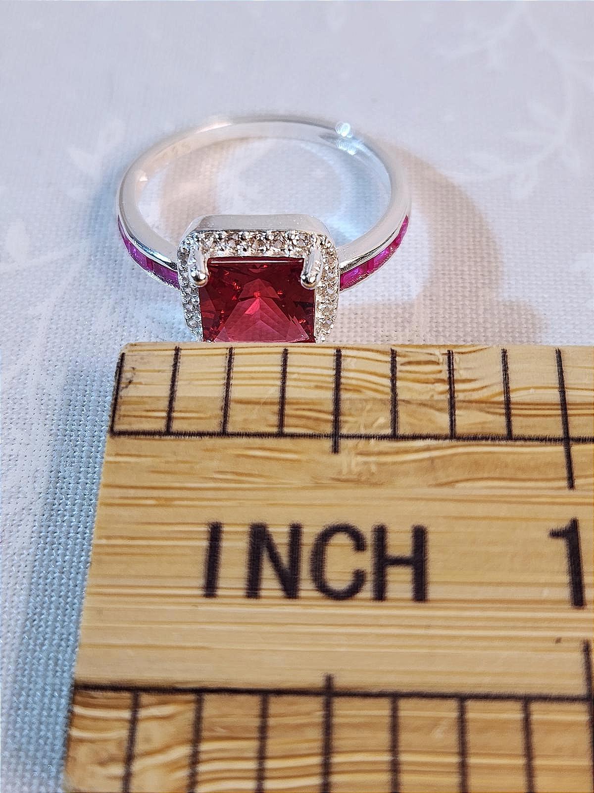 Elegant Ruby AAA CZ Ring With Halo 7mm Sterling Silver Ladies Size 6.75