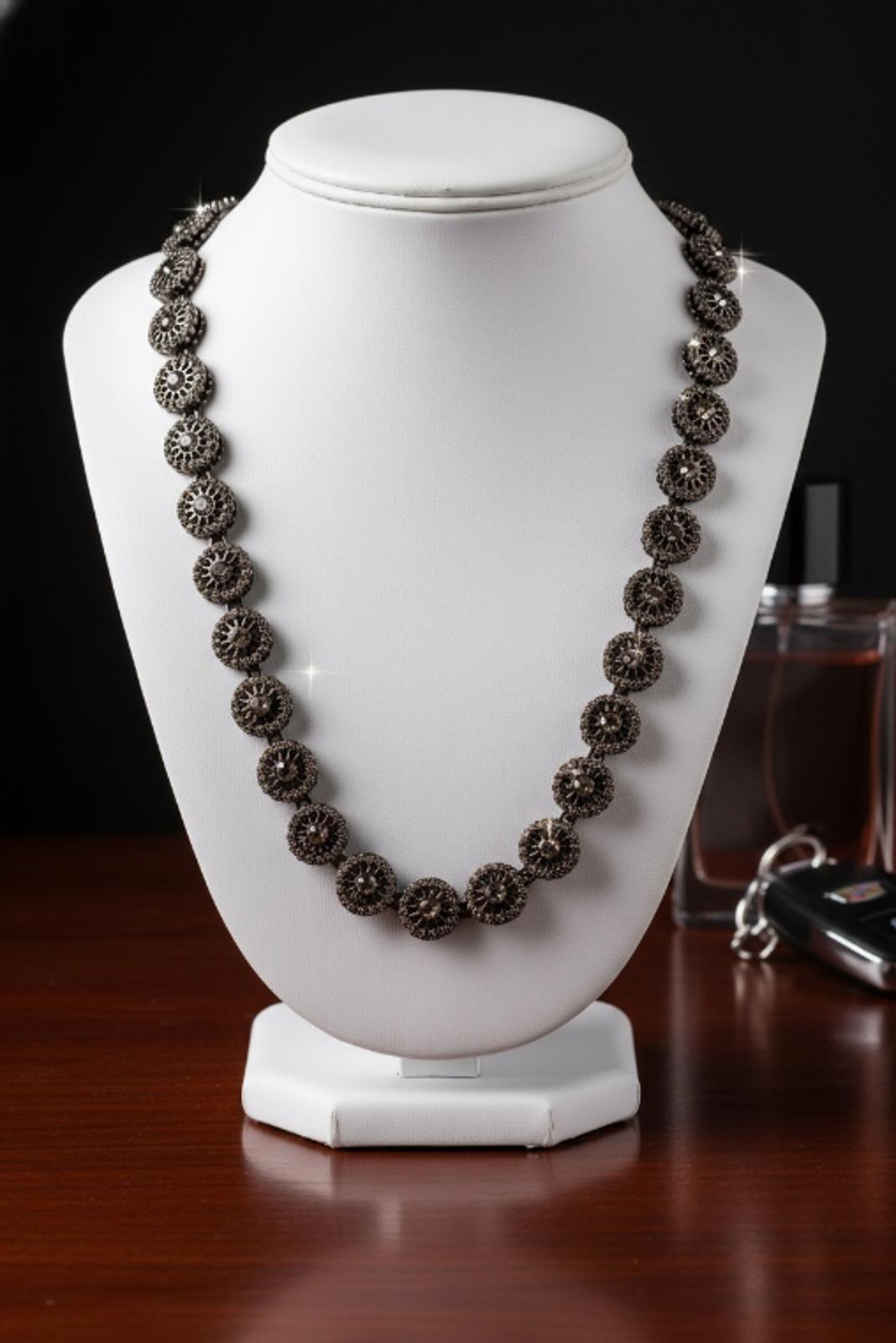 Incredible Gunmetal Black Hubcap/Blossom Necklace Stainless & CZ- Unisex 18 in.