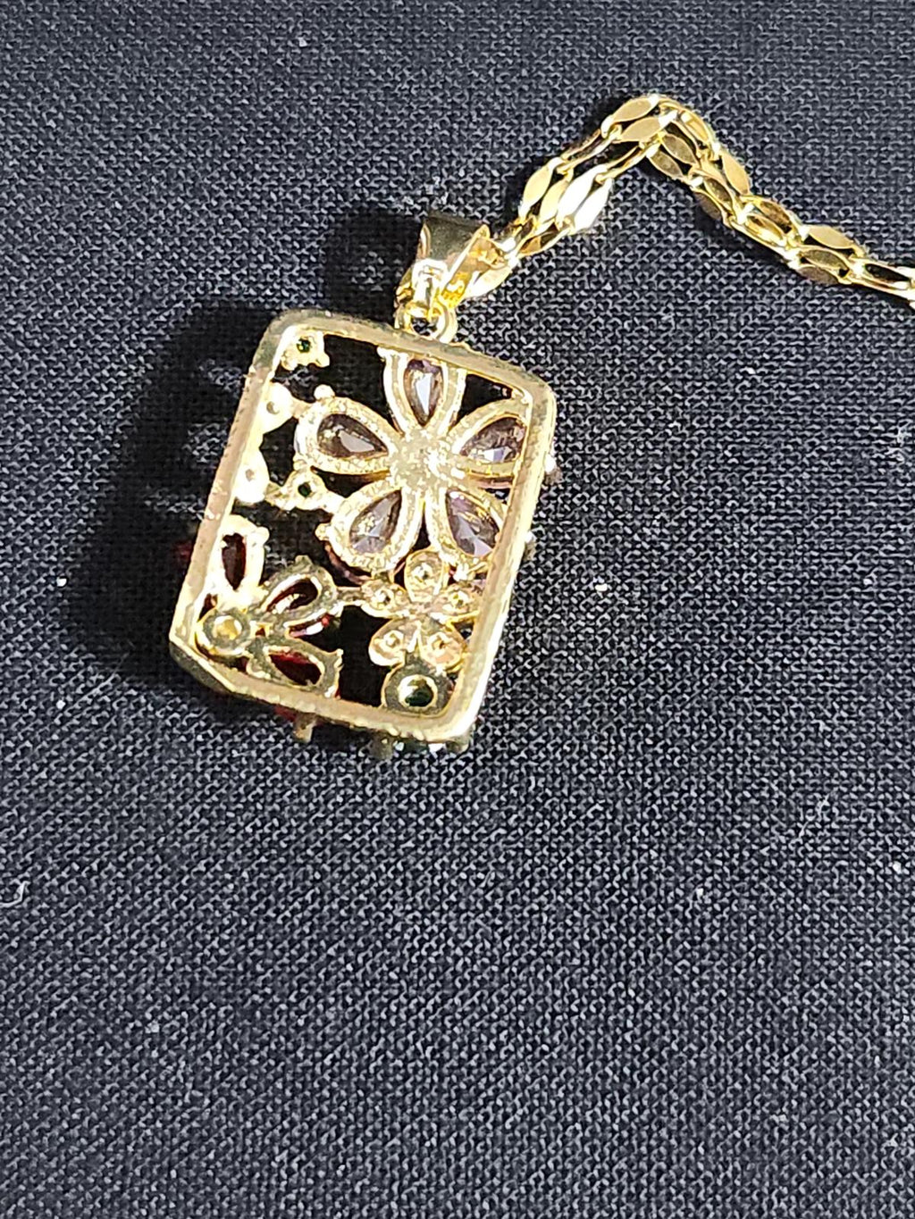 Floral Pendant Crystal Necklace, 16 in, Red, Pink, Green, Clear in Gold Tone