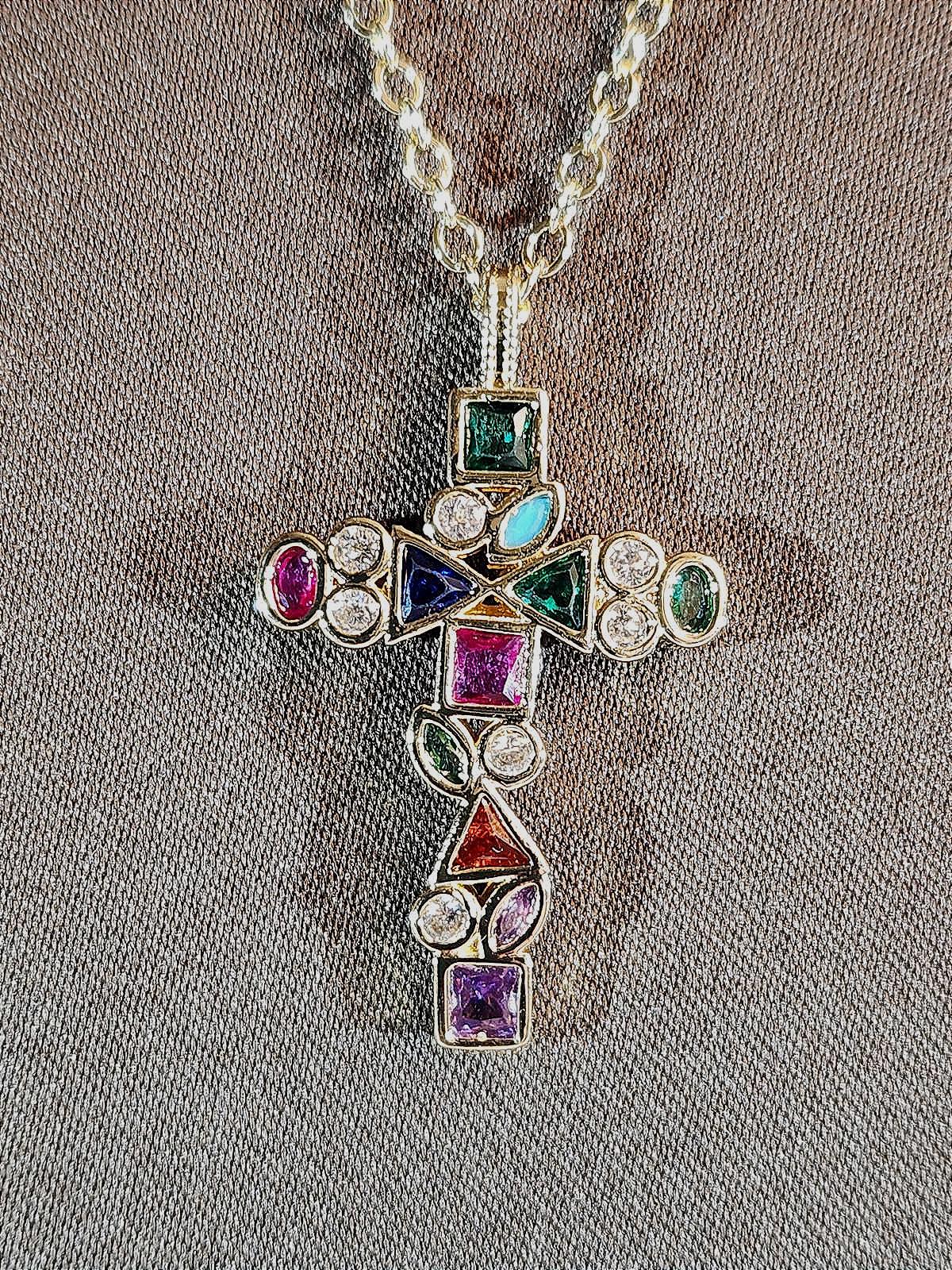 Multicolor Boho Crystal/CZ Cross Pendant, Women's 16 in. with Extender