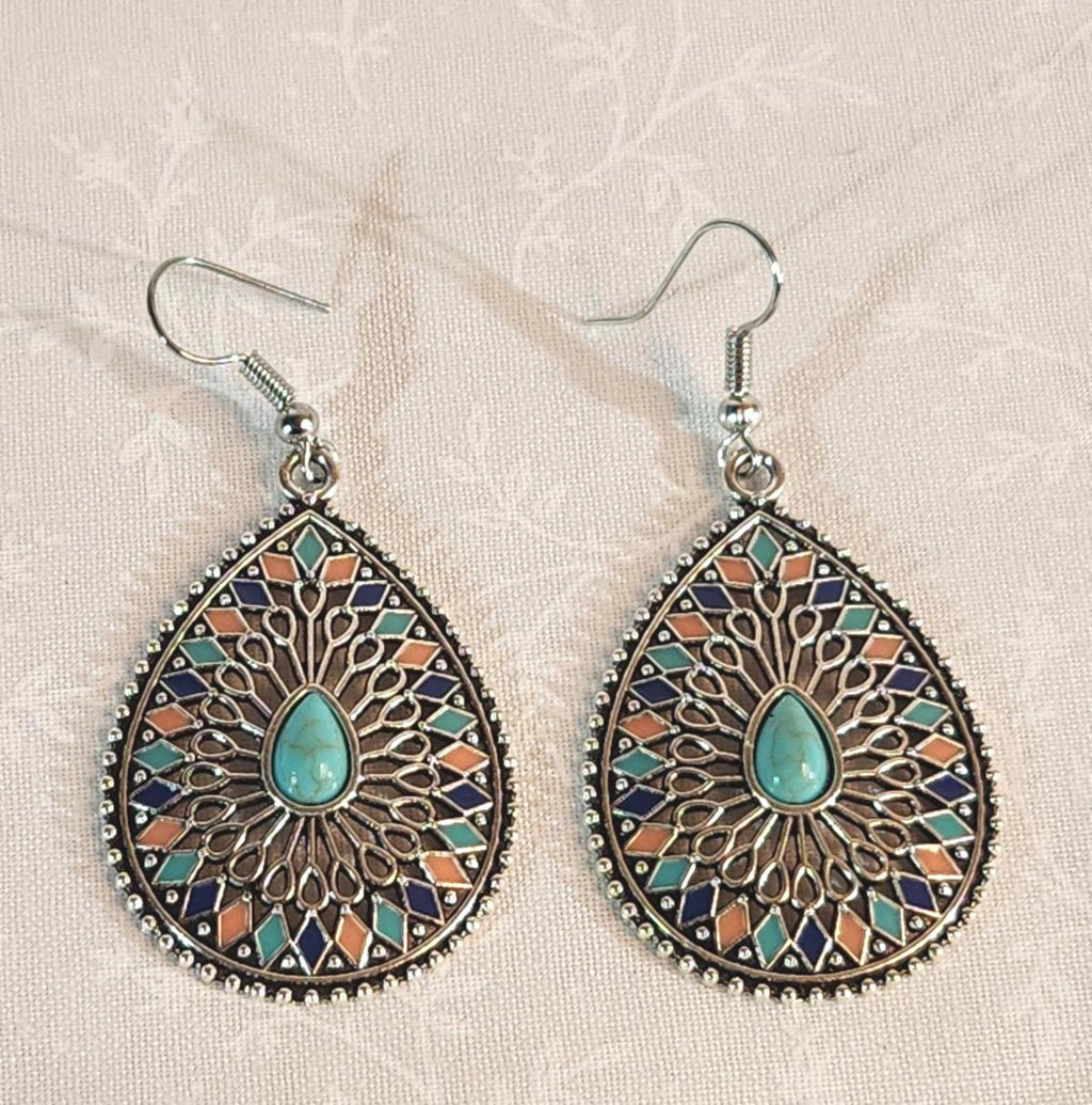 Beautiful Boho-Style Earrings, Silver Filigree-Set Simulated Turquoise & Coral