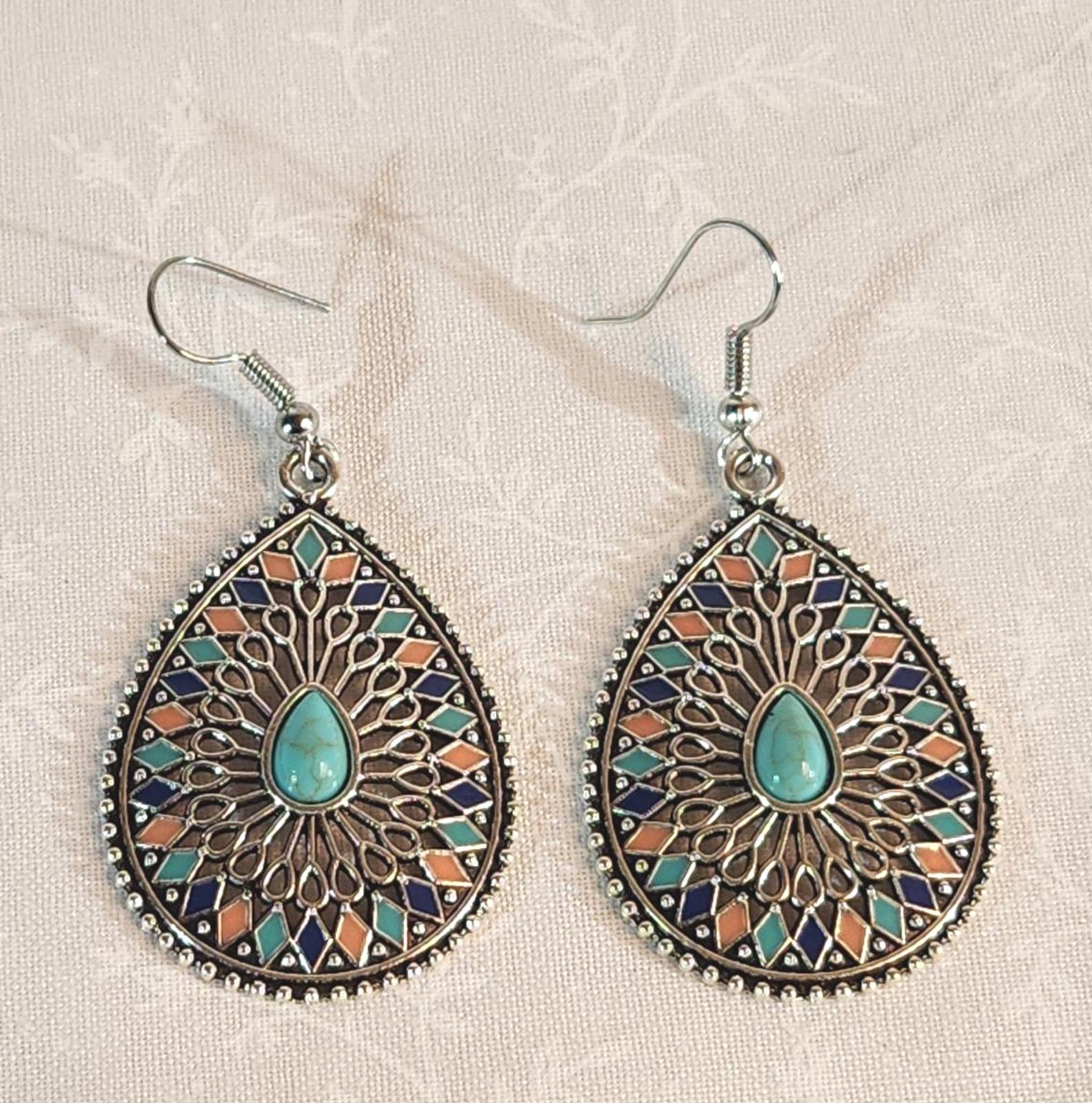 Beautiful Boho-Style Earrings, Silver Filigree-Set Simulated Turquoise & Coral