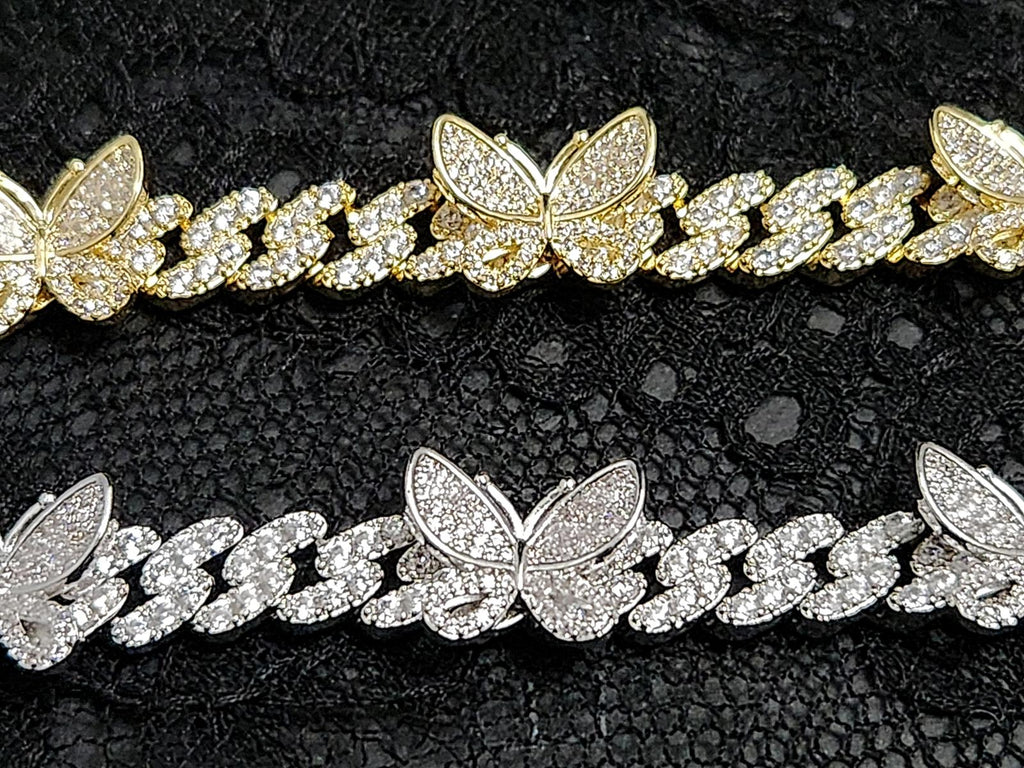 Captivating CZ Butterfly, Cuban-Link Bracelet Gold Plated 7in. Ladies
