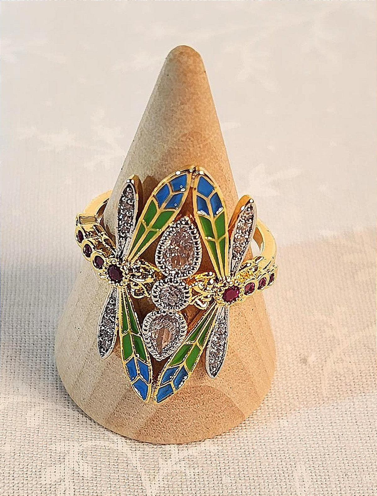 Sparkle Galore - Dragonfly Ring, Colorful CZ/Enamel Gold Tone, Ladies Size 7