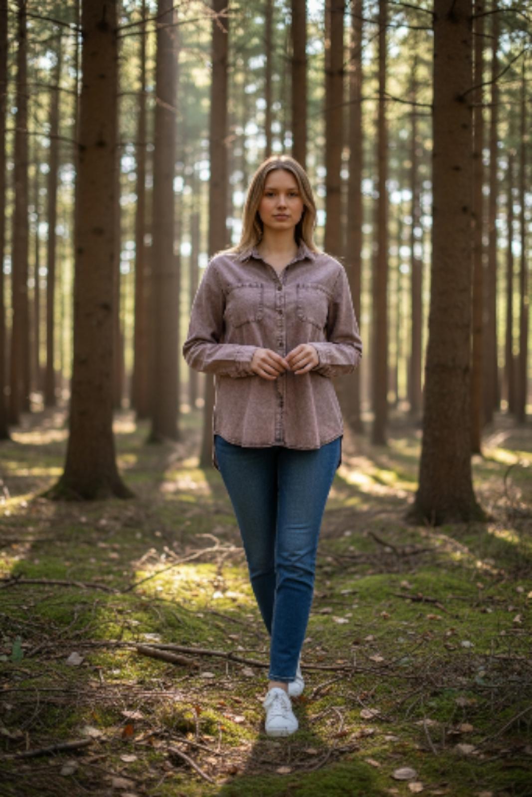 Ladies Acid-Washed Purple-Tone Shirt, Casual, Button Down M