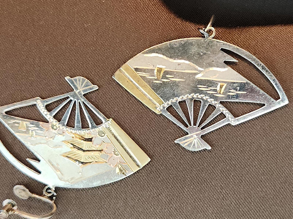 Vintage 1950s Japanese Pin & Earrings Silver