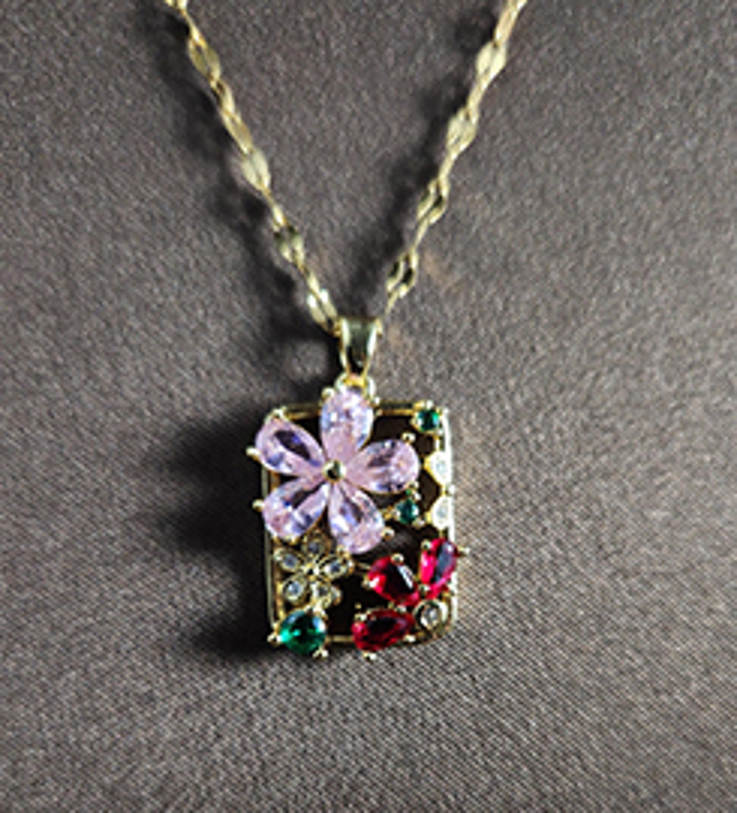 Floral Pendant Crystal Necklace, 16 in, Red, Pink, Green, Clear in Gold Tone