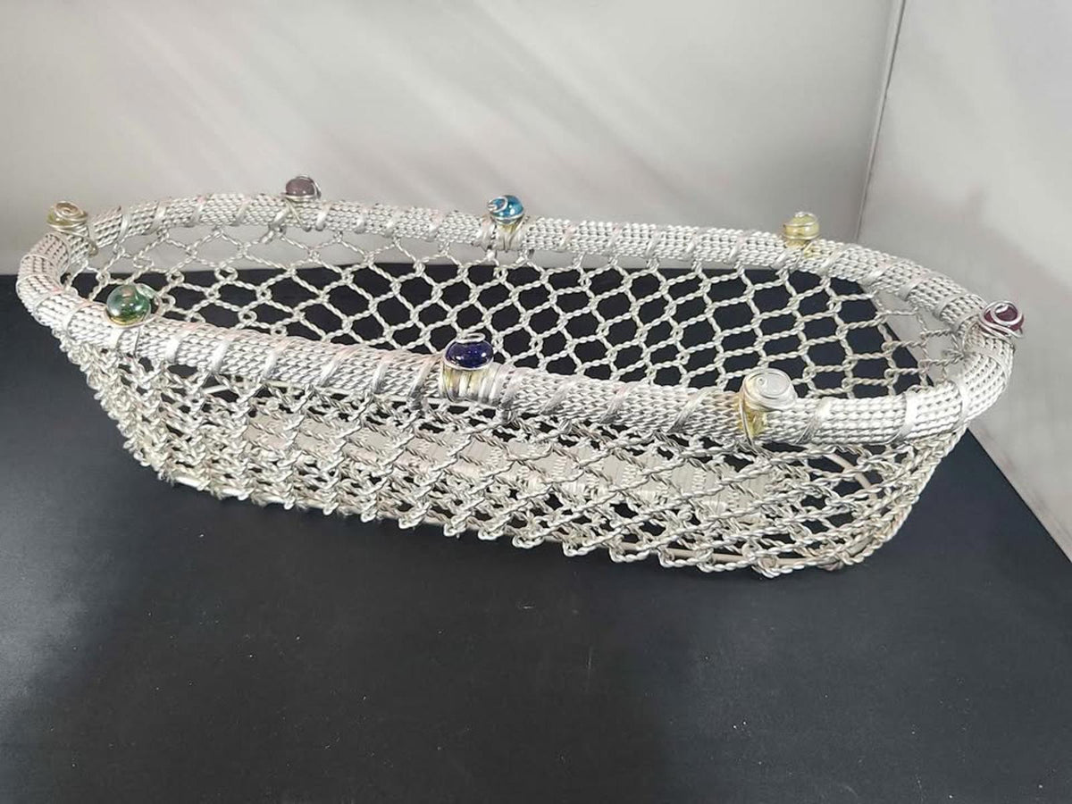 Fabulous Dary Rees Original Woven Wire and Glass Gems Basket Long Oval