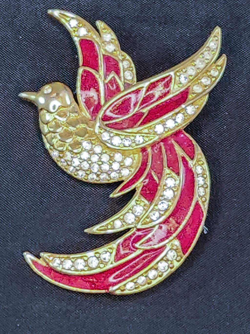 Stunning Vintage Giorgio "Bird of Paradise" Pin, Red Enamel and Crystals, Signed