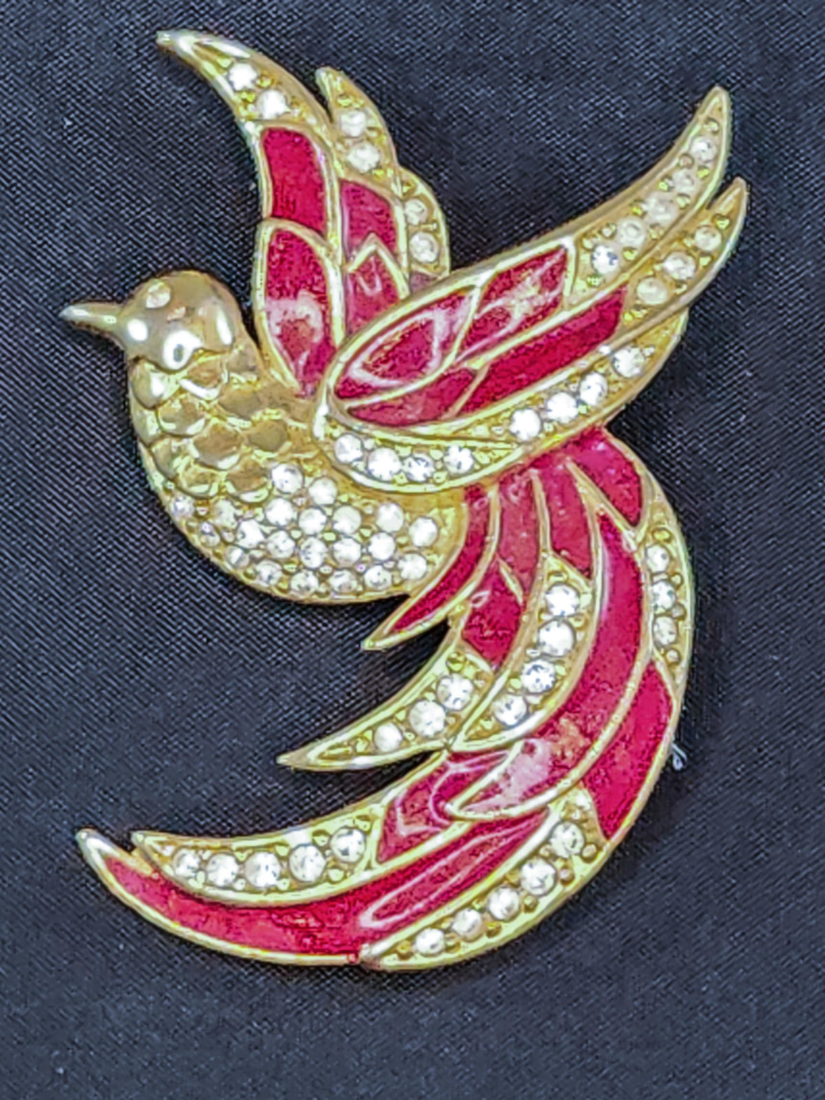 Stunning Vintage Giorgio "Bird of Paradise" Pin, Red Enamel and Crystals, Signed