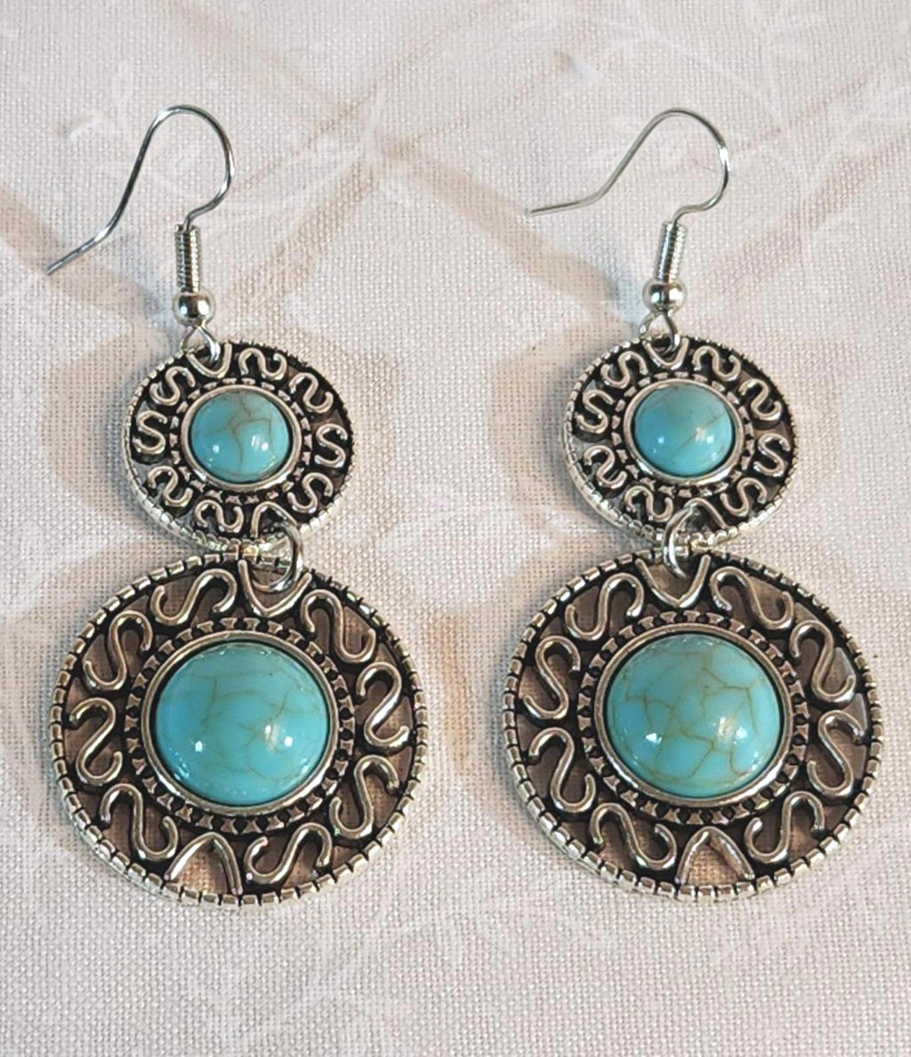 Vintage Boho Double-Circle Dangle/Drop Earrings Turquoise & Silver 2-Inches