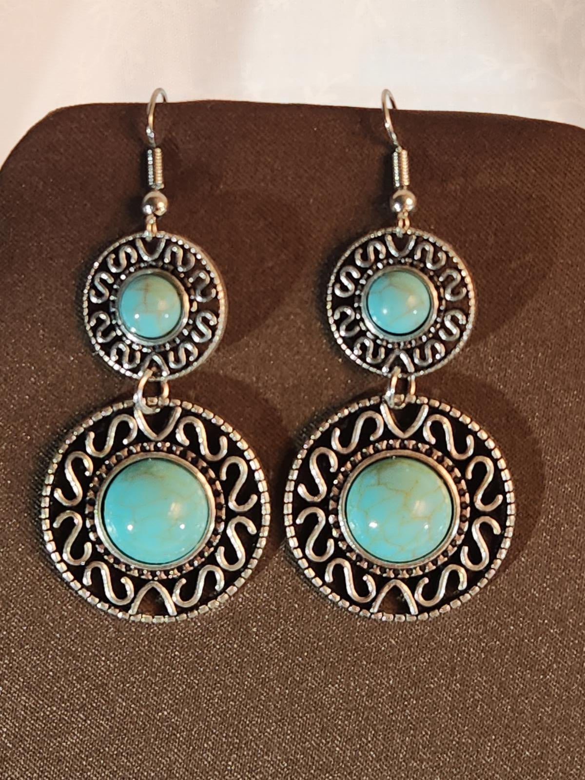 Vintage Boho Double-Circle Dangle/Drop Earrings Turquoise & Silver 2-Inches
