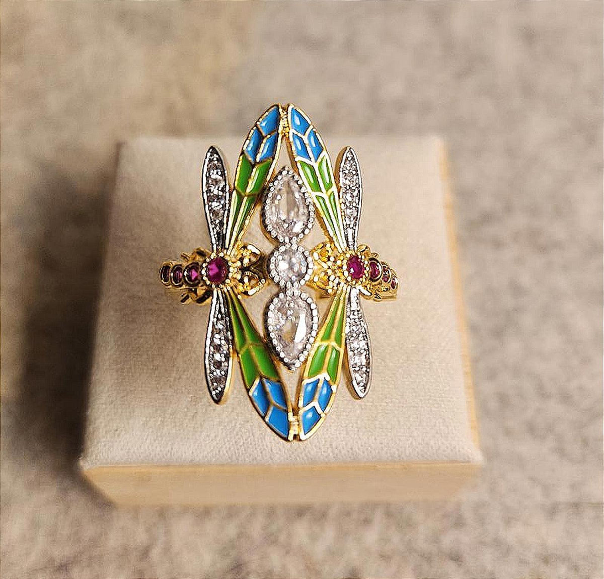 Colorful & Sparkly Dragonfly Ring, Colorful, CZ, Gold-Tone Ladies Size 6