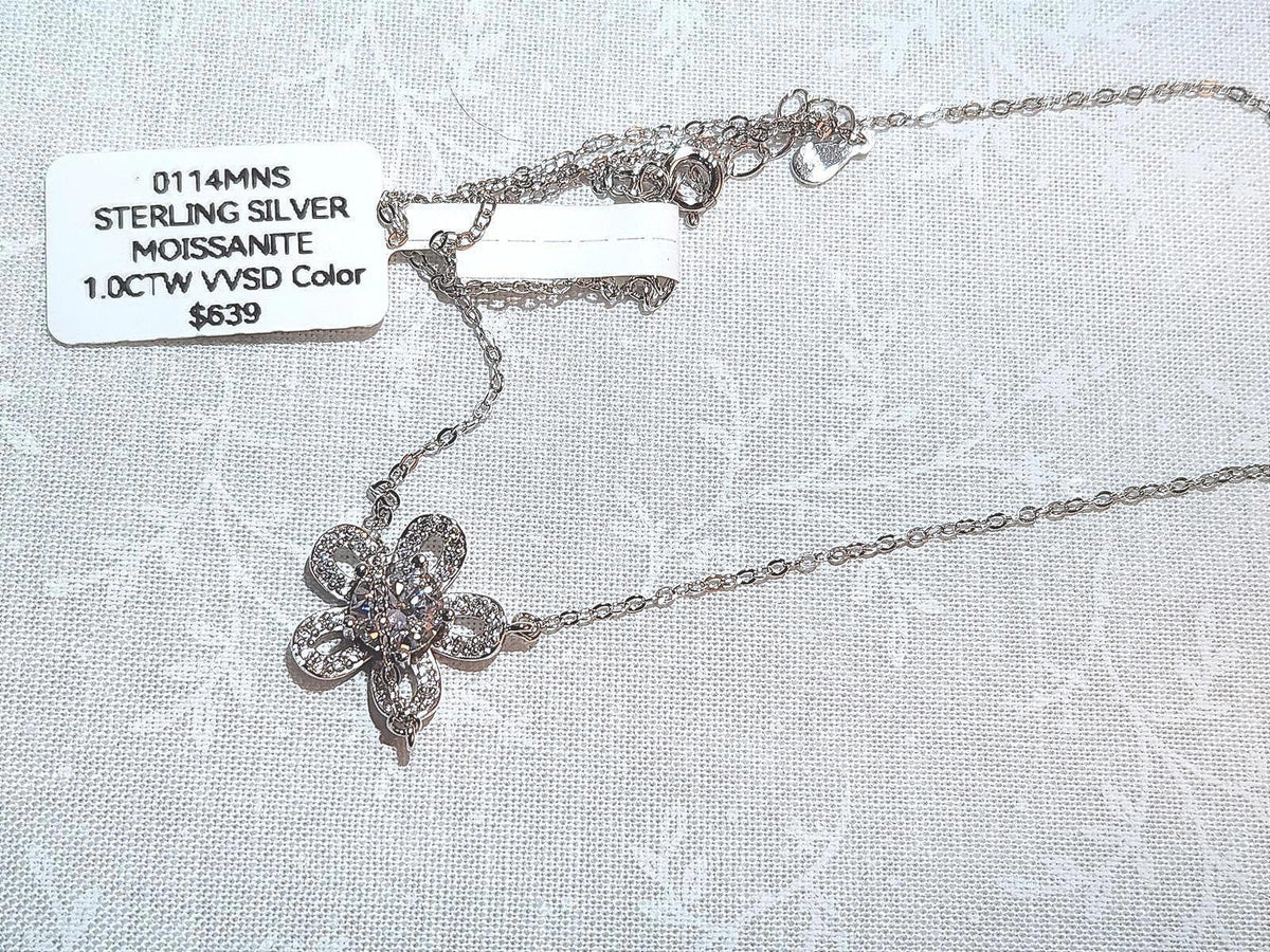 Gorgeous 1 Carat Moissanite & Sterling Flower Necklace - Ladies - 16 inches