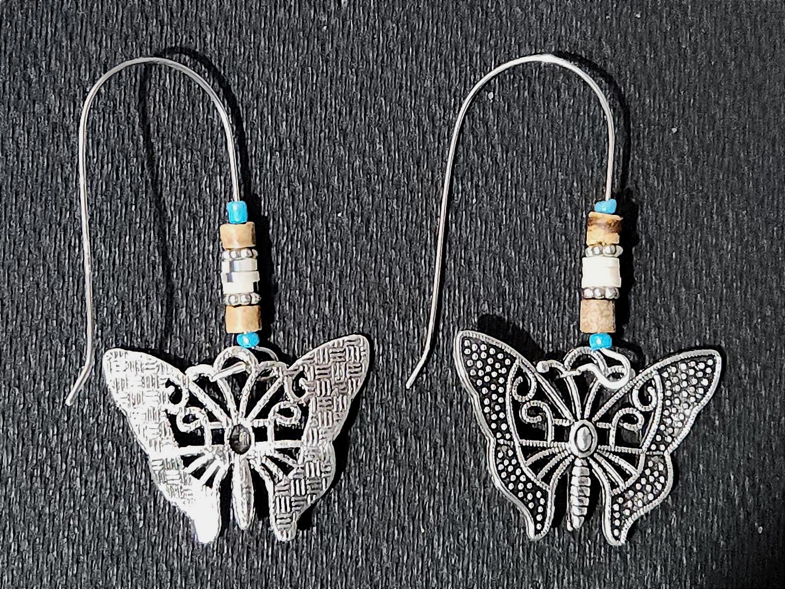 Vintage Boho Silver & Turquoise Butterfly Dangle Earrings