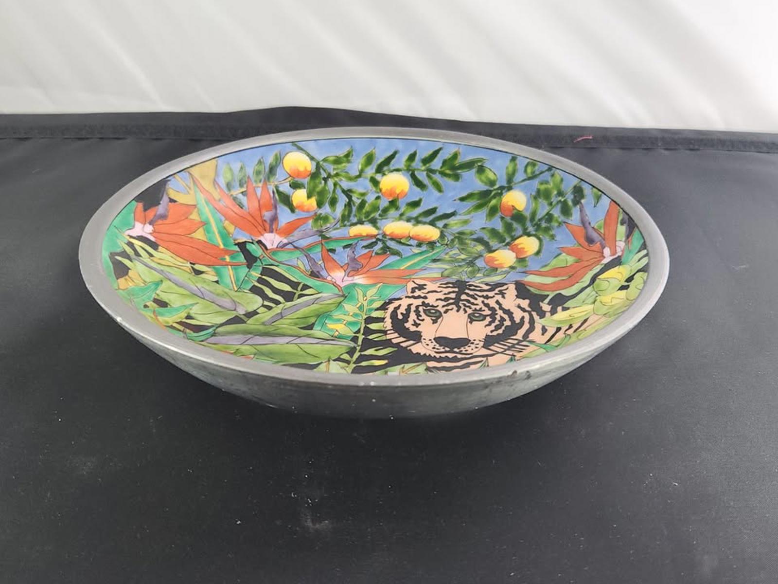 Nieman Marcus Hand-Painted Porcelain and Pewter Bowl w Tiger Vintage Rare