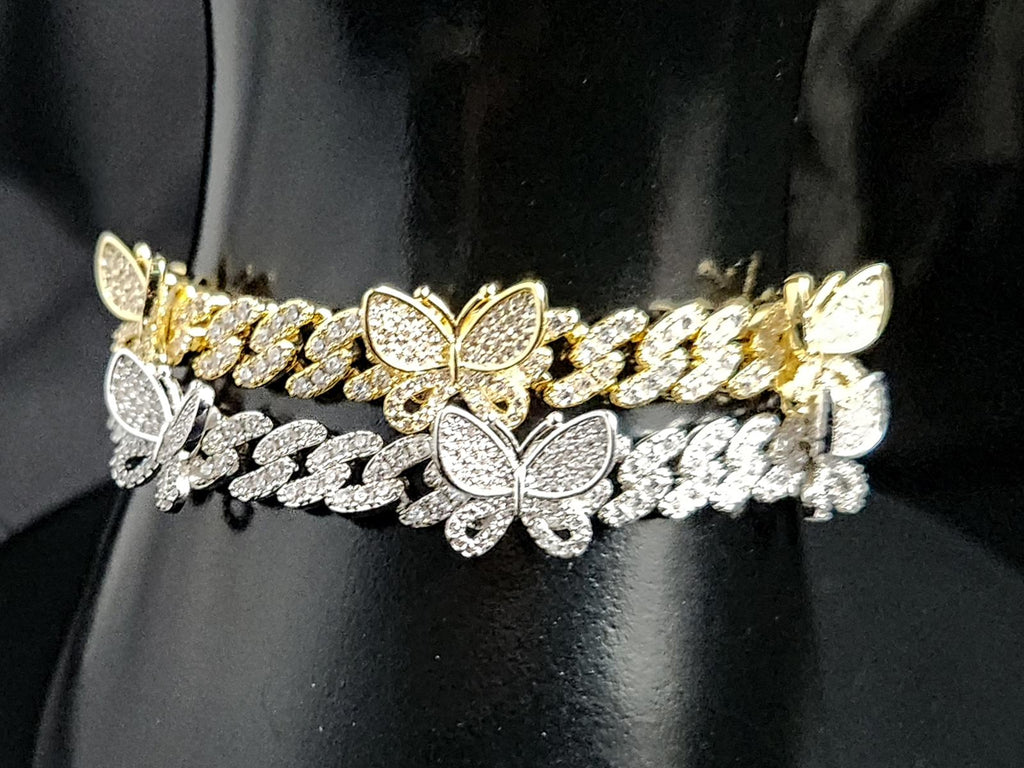 Captivating CZ Butterfly, Cuban-Link Bracelet Gold Plated 7in. Ladies