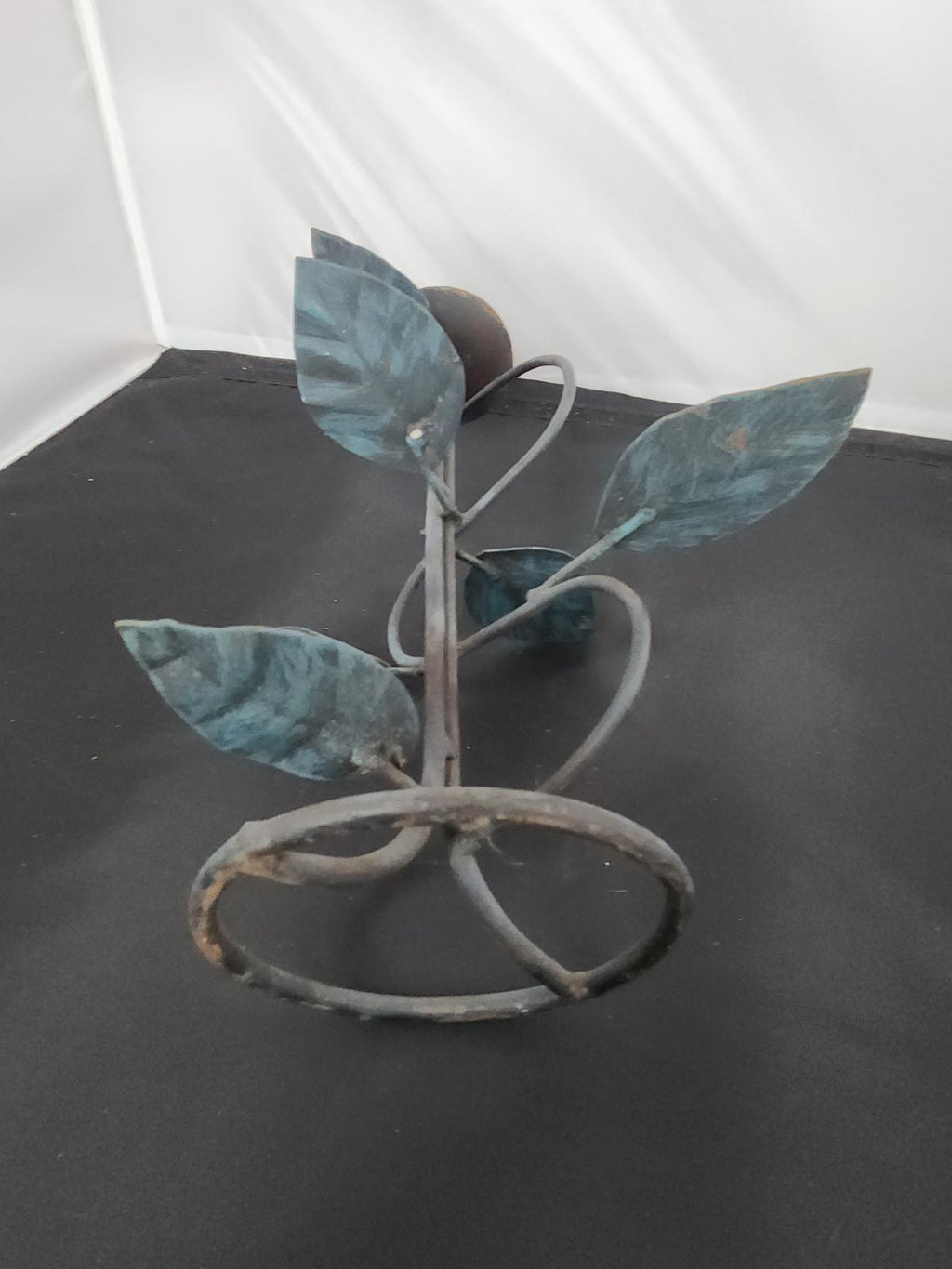 Fabulous Vintage Wrought Iron Candlestick Freeform with Leaves Patina