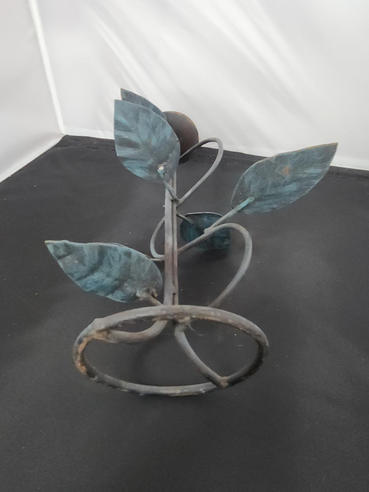 Fabulous Vintage Wrought Iron Candlestick Freeform with Leaves Patina