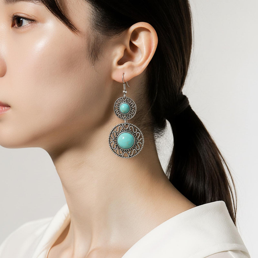 Vintage Boho Double-Circle Dangle/Drop Earrings Turquoise & Silver 2-Inches