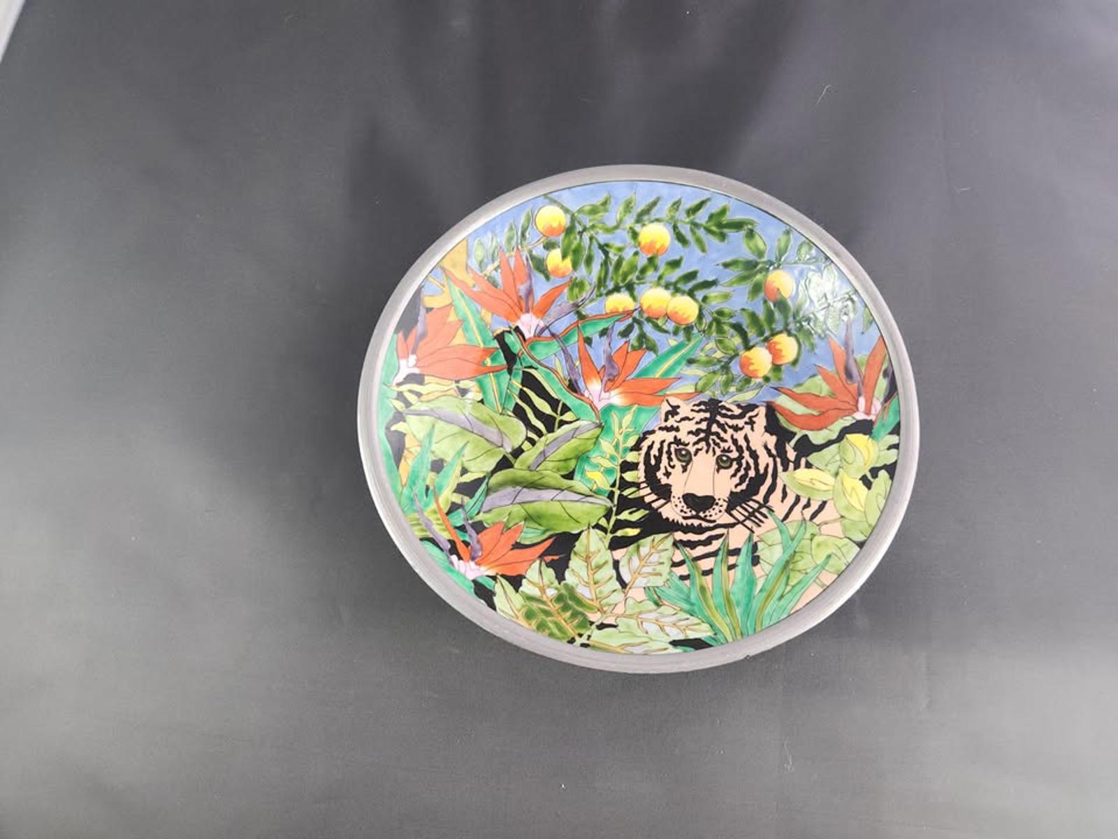 Nieman Marcus Hand-Painted Porcelain and Pewter Bowl w Tiger Vintage Rare