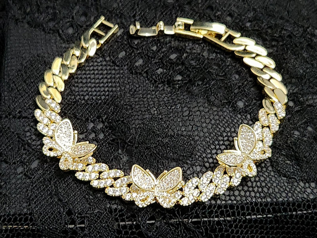 Captivating CZ Butterfly, Cuban-Link Bracelet Gold Plated 7in. Ladies
