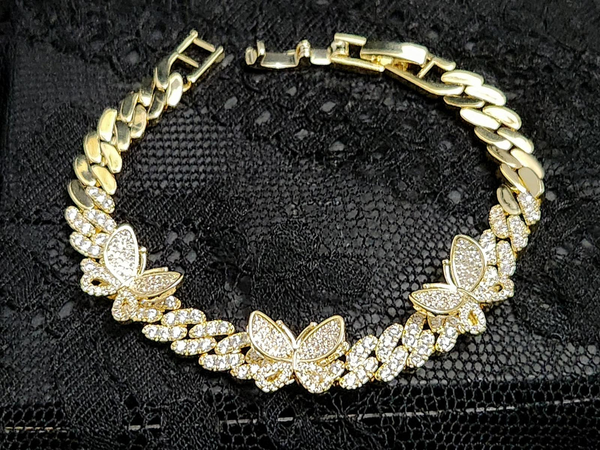 Captivating CZ Butterfly, Cuban-Link Bracelet Gold Plated 7in. Ladies