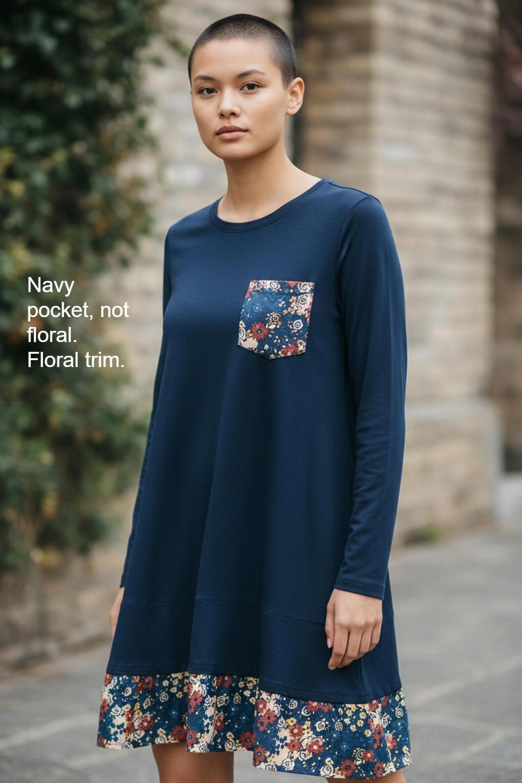 Super Cute Navy Sheath/Tunic Dress with Floral Ruffle & Pocket - Ladies L