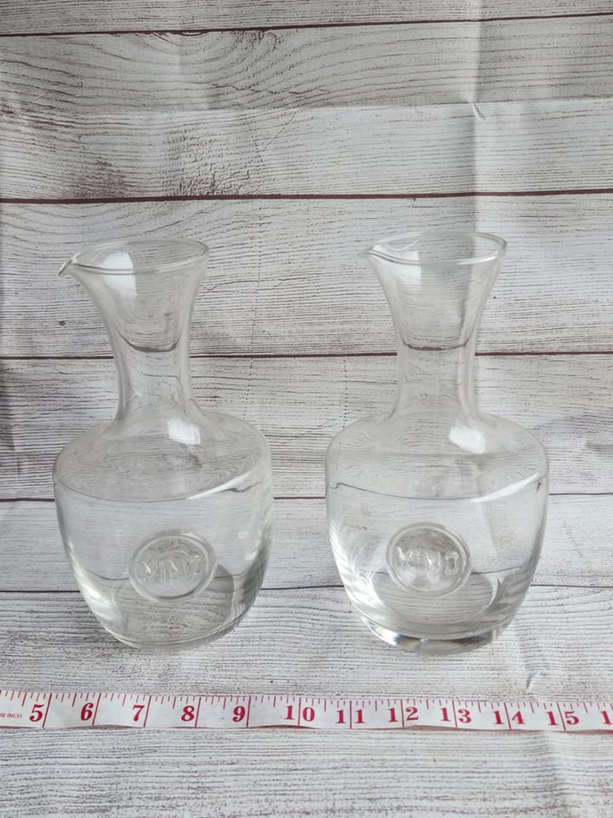 Pair of Lovely Clear Wine/Vino Glass Decanters Carafe Clear Glass with Emblem