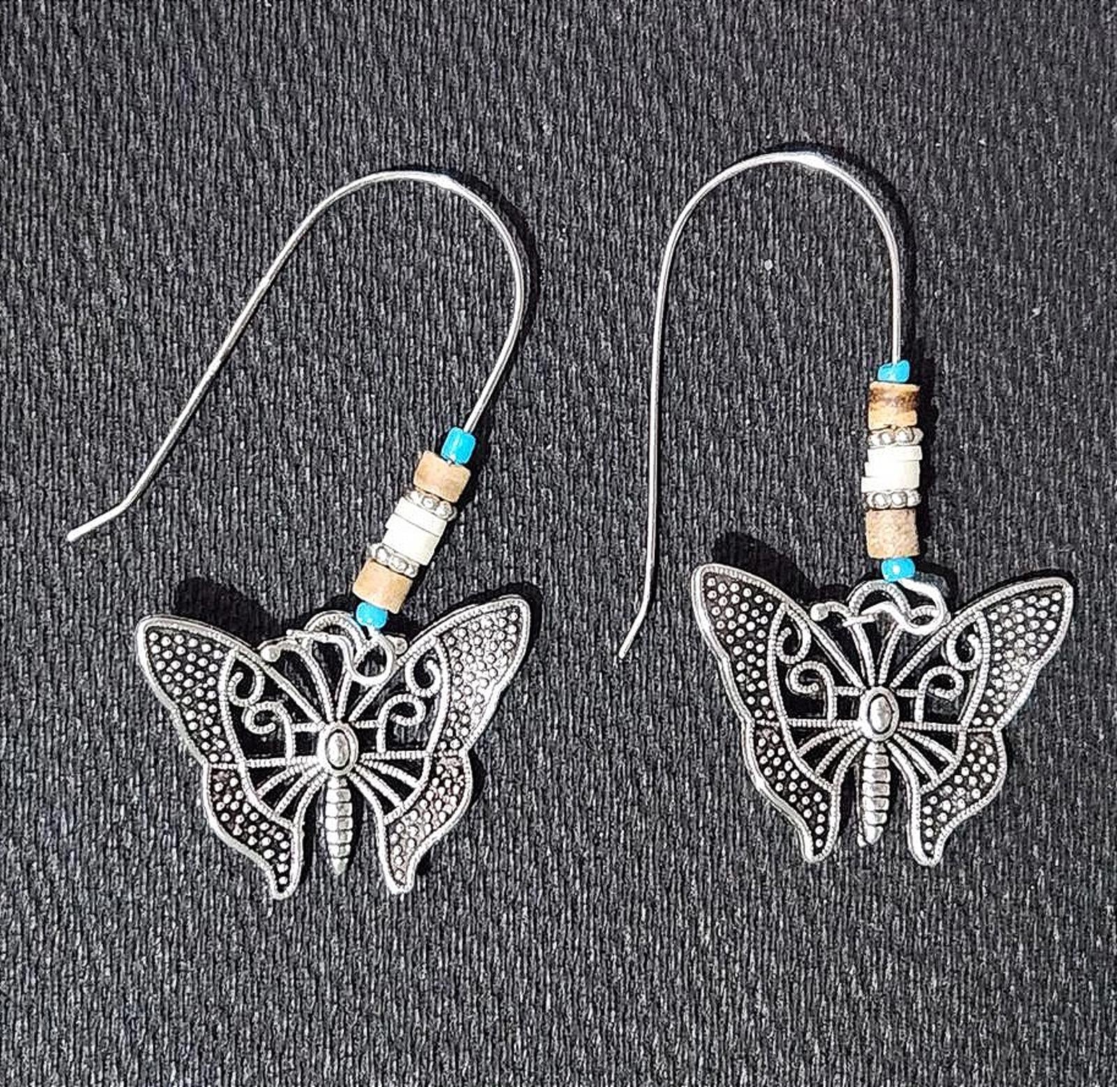 Vintage Boho Silver & Turquoise Butterfly Dangle Earrings