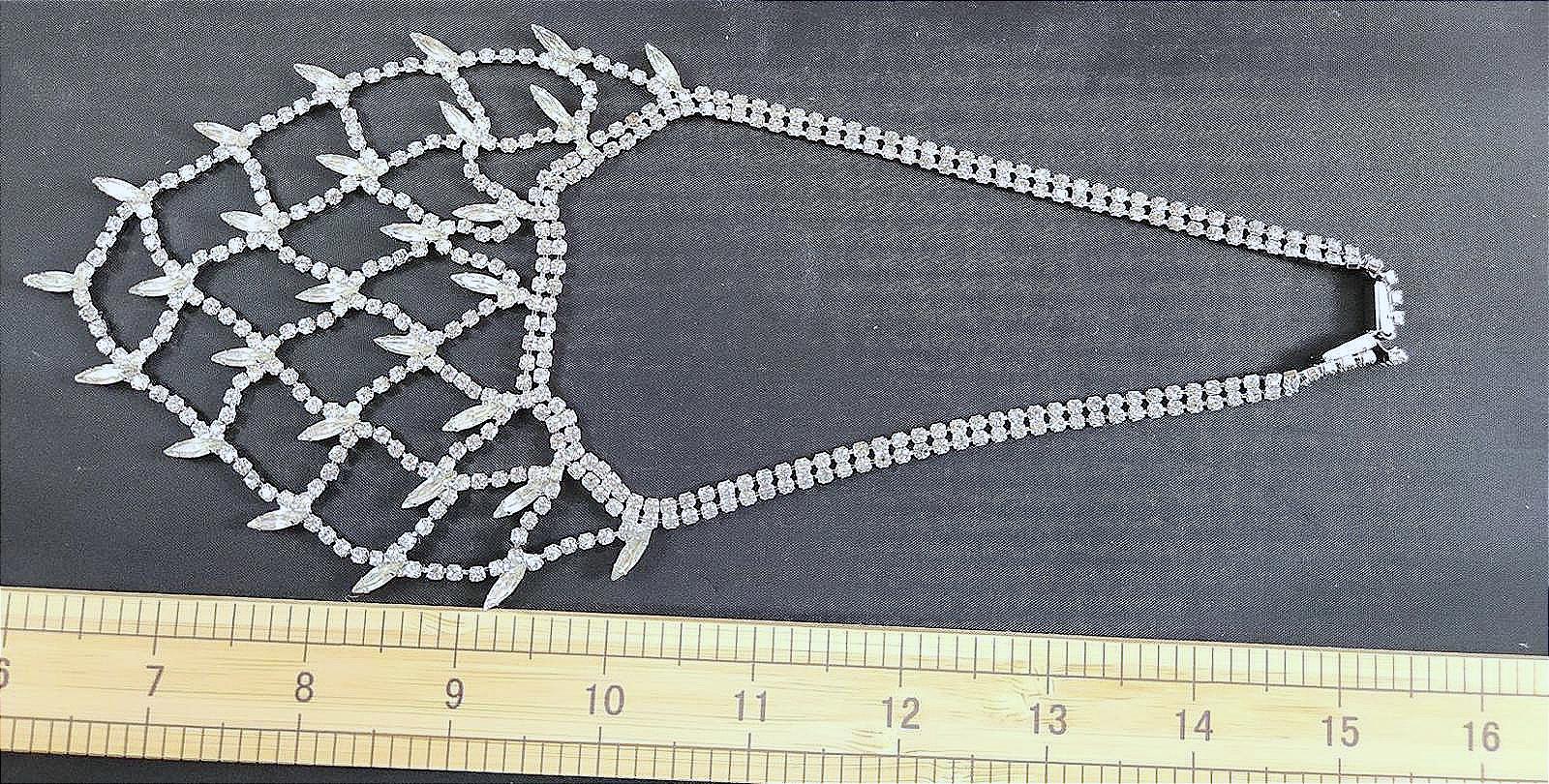 Fabulous Vintage Rhinestone Geometric Weave Pattern Bib Necklace